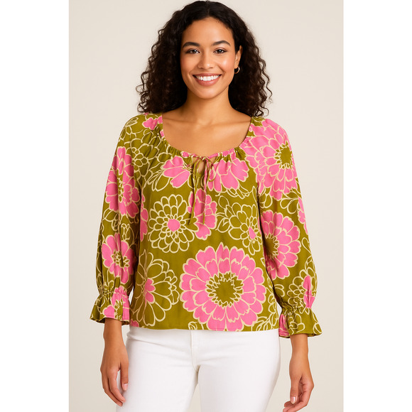 Trina Turk Los Angeles Floral Blouse Olive Green Pink SZ L Boho Peasant Top - Picture 1 of 10